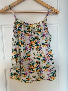 Floral Boho Camisole Top Ruffle Neck Spaghetti Strap Blouse Women’s M (Tag XXXL)